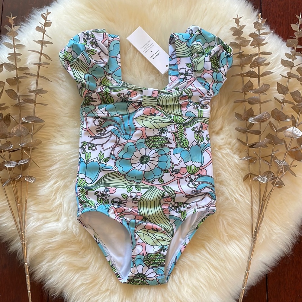 NWT Janie and Jack retro mod blue floral girls swimsuit NEW!